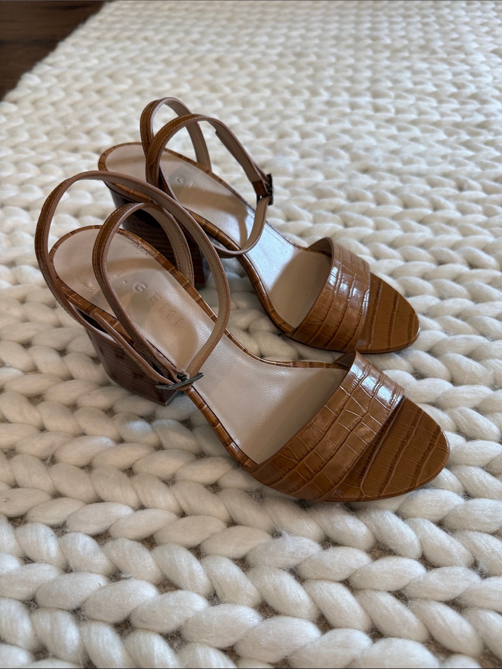 Cognac Croc-Embossed Block Heel Sandals with Ankle Strap